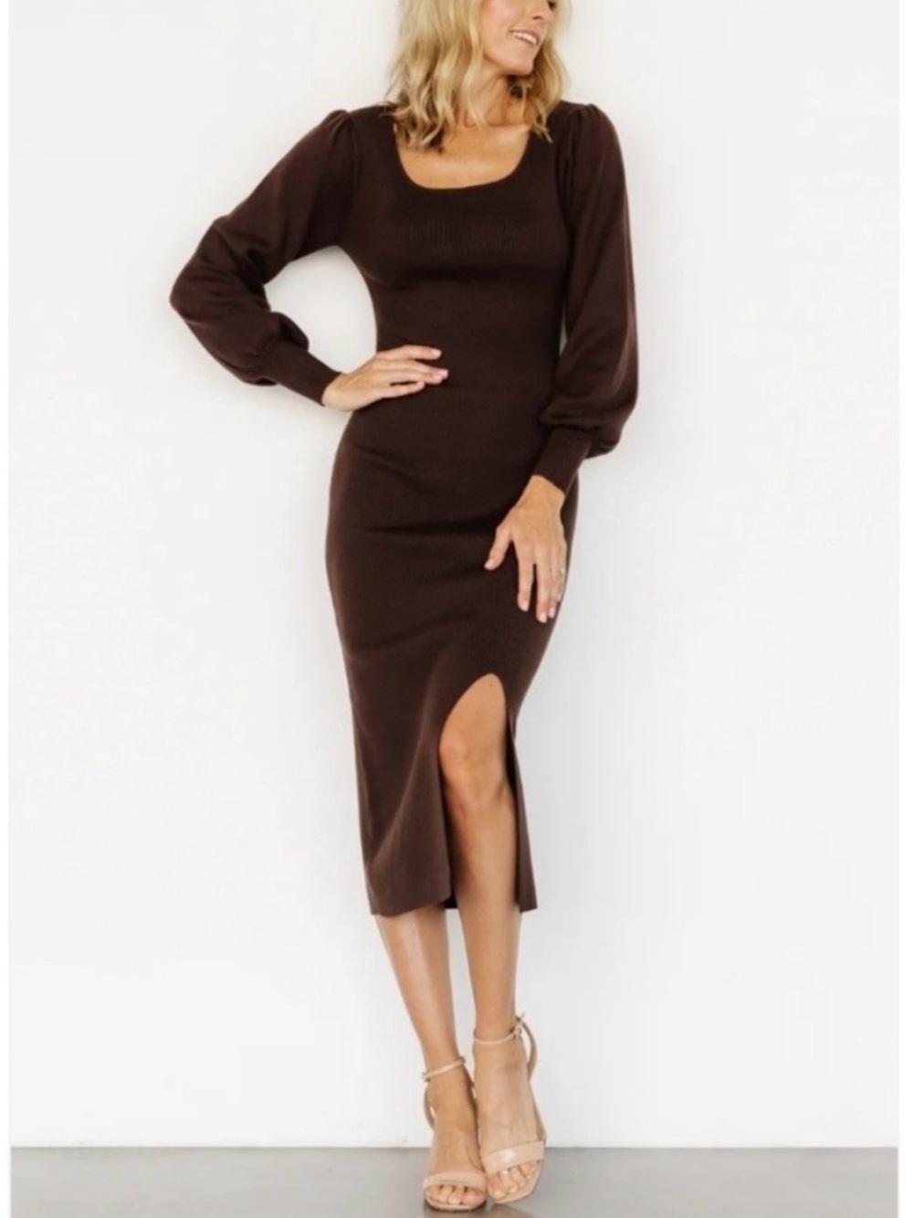 Baltic Born Kori Sweater Dress Brown XS NWT Puff Sleeve Midi Slit